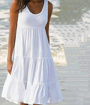 Women Casual Solid Color Sleeveless Round Neck Ruffled Loose Dress
