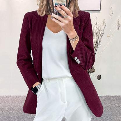 Women Fashion Casual Solid Color Corduroy Lapel Long-Sleeve Slim-Fit Jacket
