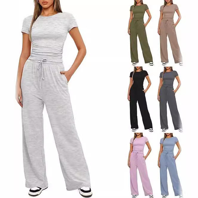 Conjunto de dos piezas de top y pantalón de manga corta de color liso informal para mujer