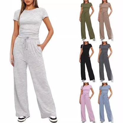 Conjunto de dos piezas de top y pantalón de manga corta de color liso informal para mujer