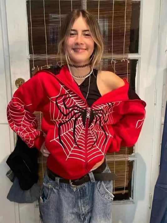 Sudadera holgada con cremallera y estampado de telaraña para hombre y mujer, estilo informal, a la moda urbana