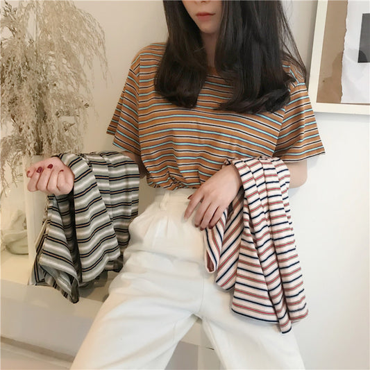 Camiseta básica informal de verano a rayas de manga corta para mujer