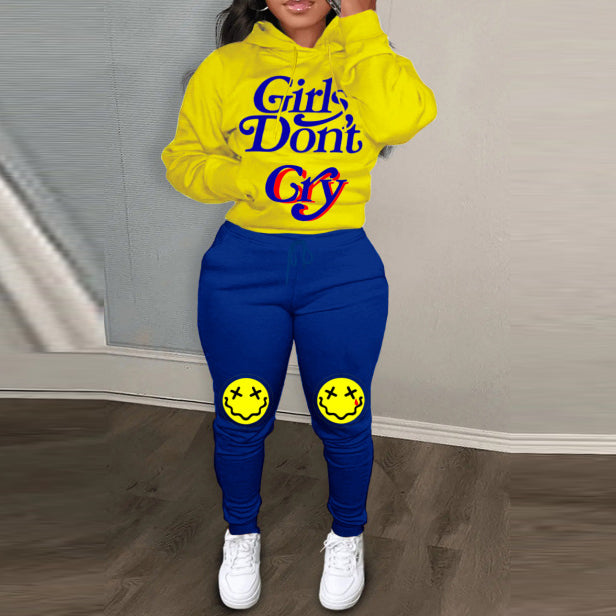 Conjunto de dos piezas con capucha y pantalones estampados de letras informales para mujer