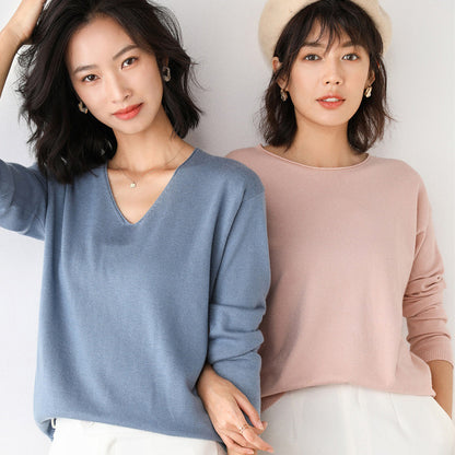 Women Fashion Casual Solid Color Round Neck V-Neck Long Sleeve Sweater