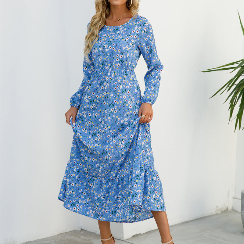 Vestido largo informal de manga larga con cuello redondo y estampado floral para mujer