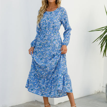 Vestido largo informal de manga larga con cuello redondo y estampado floral para mujer