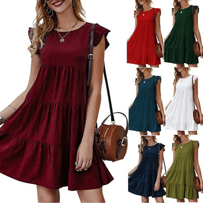 Women Summer Casual Solid Color Round Neck Casual Pleated Large Swing Dress