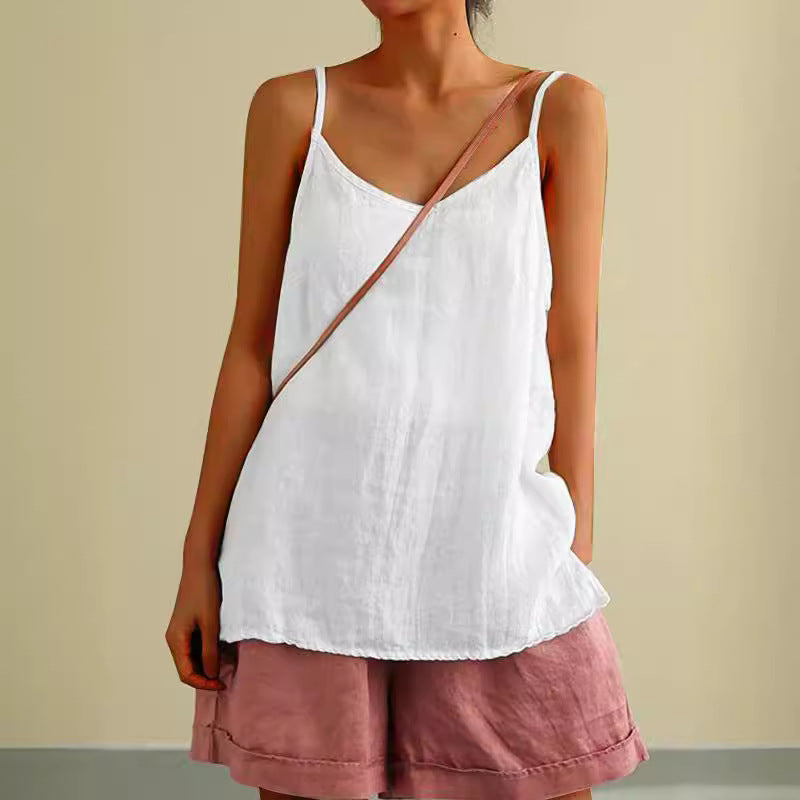 Camisola informal de lino y algodón de color liso para mujer