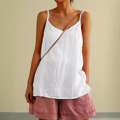Camisola informal de lino y algodón de color liso para mujer