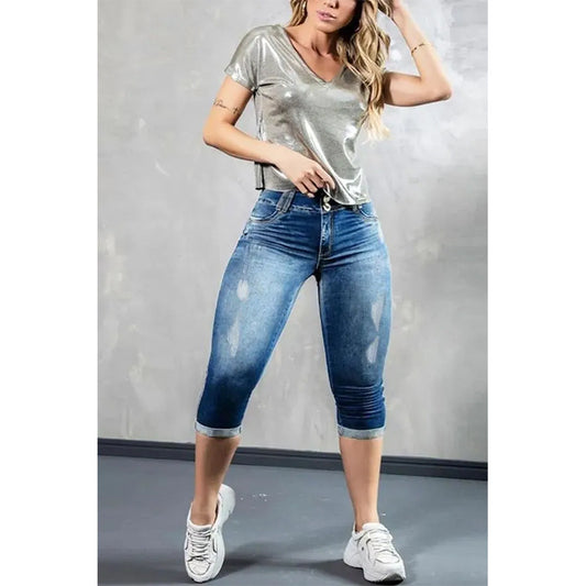 Pantalones vaqueros ajustados de mezclilla lavada de verano para mujer