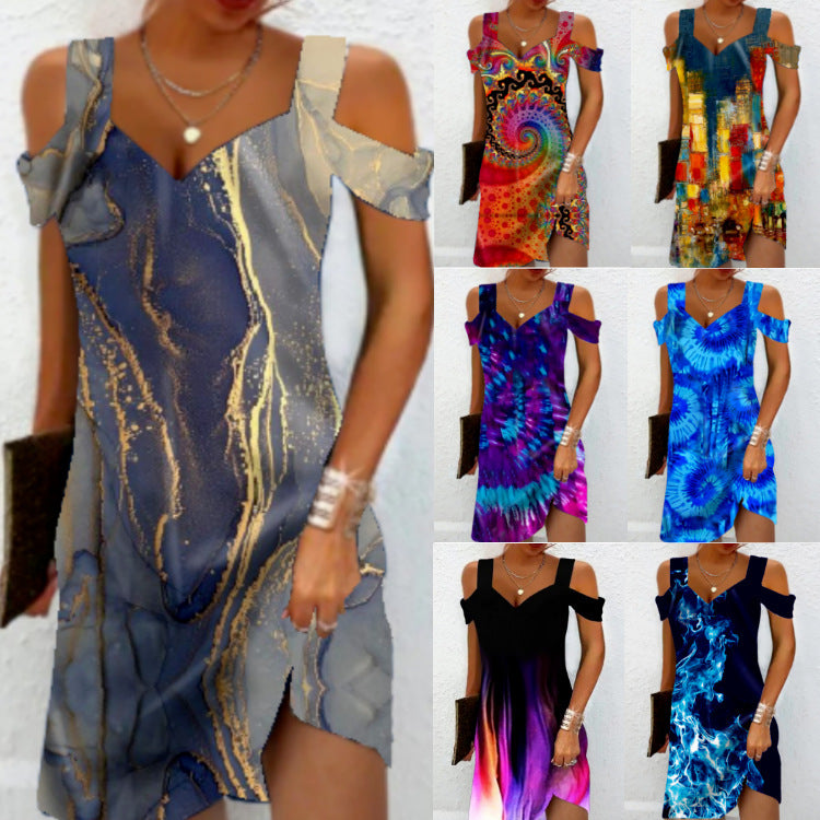 Women Fashion Casual Marble Printed Cool-Shoulder Dress