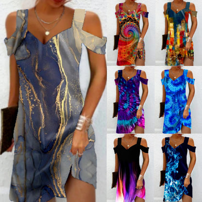 Women Fashion Casual Marble Printed Cool-Shoulder Dress
