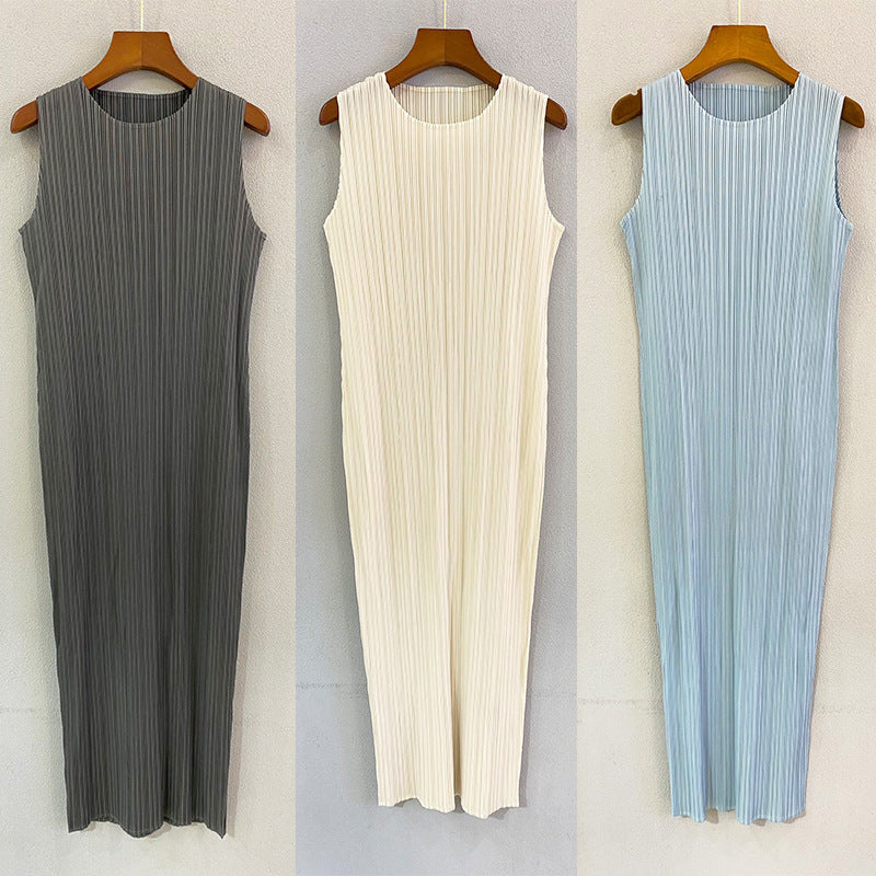 Vestido largo minimalista informal de color liso, suave, sin mangas, con cuello redondo y pliegues para mujer