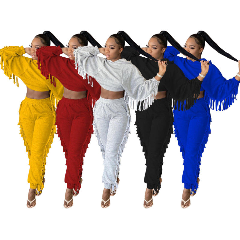 Women Fashion Solid Color Casual Sports Hood Tassel Edge Two-Piece Set