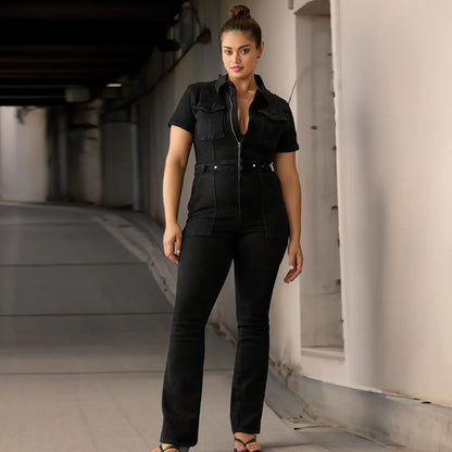 Plus Size Office Fashion Casual Women Solid Color Slim Fit Short Sleeve Lapel Jumpsuits
