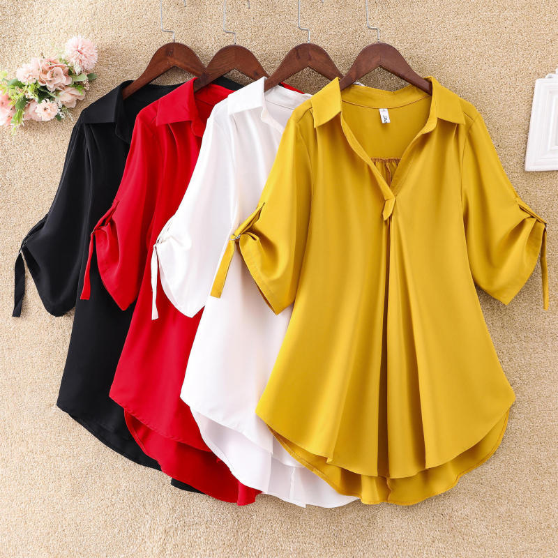Women Fashion Casual Solid Color Mid-Length Short-Sleeved Chiffon Shirt Blouse