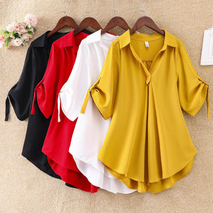 Women Fashion Casual Solid Color Mid-Length Short-Sleeved Chiffon Shirt Blouse