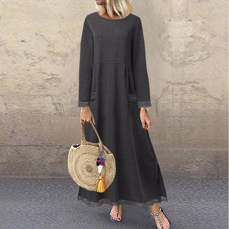 Vestido largo sencillo de color liso con mangas largas y costuras de encaje para mujer
