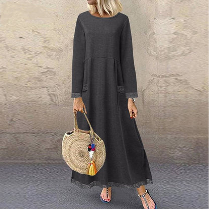 Vestido largo sencillo de color liso con mangas largas y costuras de encaje para mujer