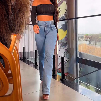 Vaqueros ajustados con botones y cintura alta de color liso para mujer