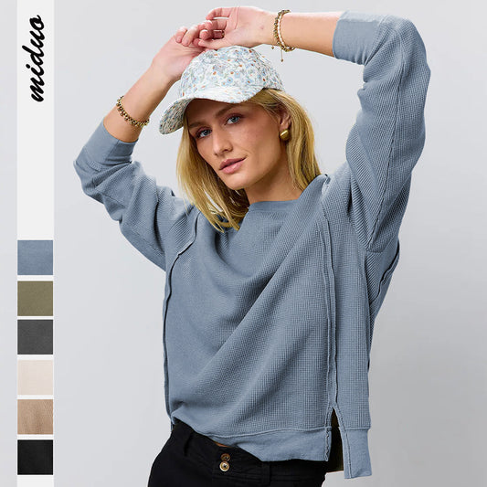 Sudadera informal de manga larga con cuello redondo y abertura para mujer de otoño