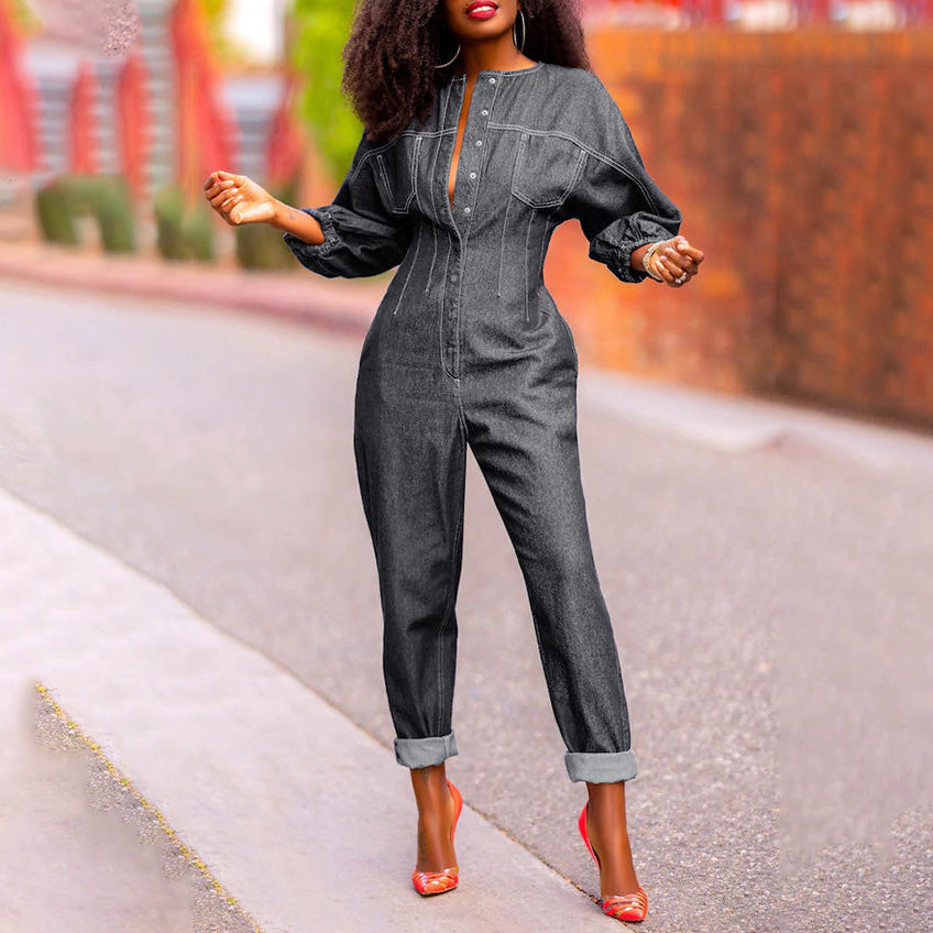 Women Fashion Casual Loose Long Sleeve Single Breasted Denim Jumpsuits