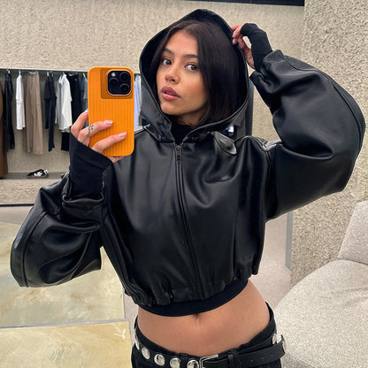 Women Fashion Casual Solid Color Pu Leather Long Sleeve Pleated Zipper Hat Jacket