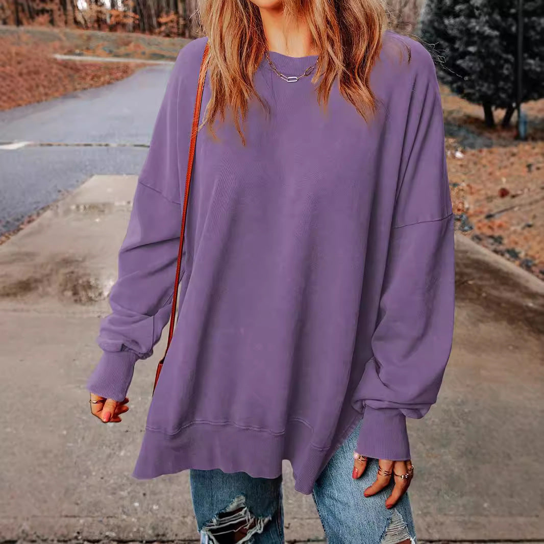 Autumn Women Fashion Casual Solid Color Round Neck Long Sleeve Blank Sweatshirt
