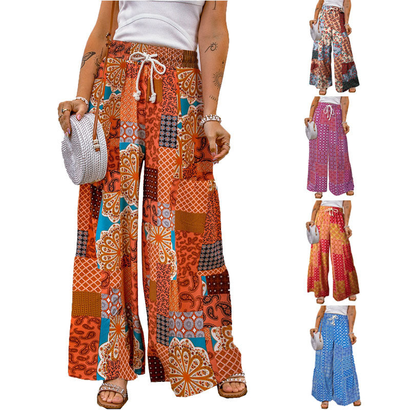 Pantalones casuales de pierna ancha y holgados con estampado de flores pequeñas para mujer