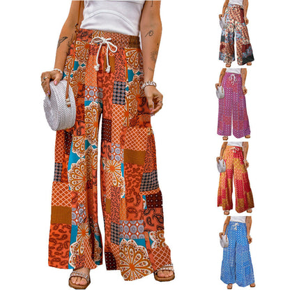 Pantalones casuales de pierna ancha y holgados con estampado de flores pequeñas para mujer