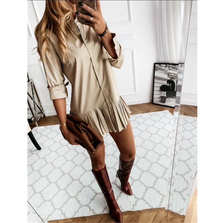 Women Casual Solid Color Pleated Hemline Long Sleeve Buttoned Shirt Dress