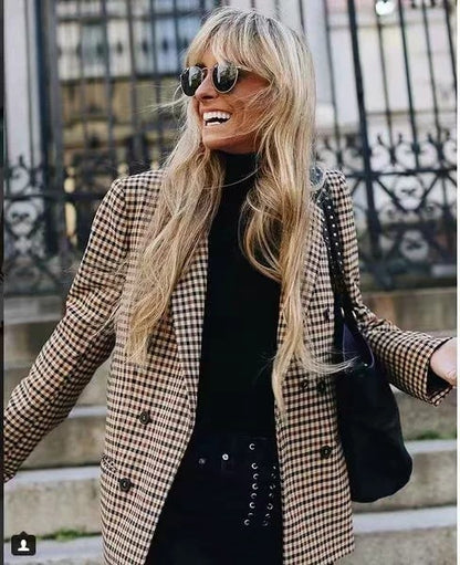 Blazer retro informal de manga larga a cuadros con botonadura sencilla para mujer