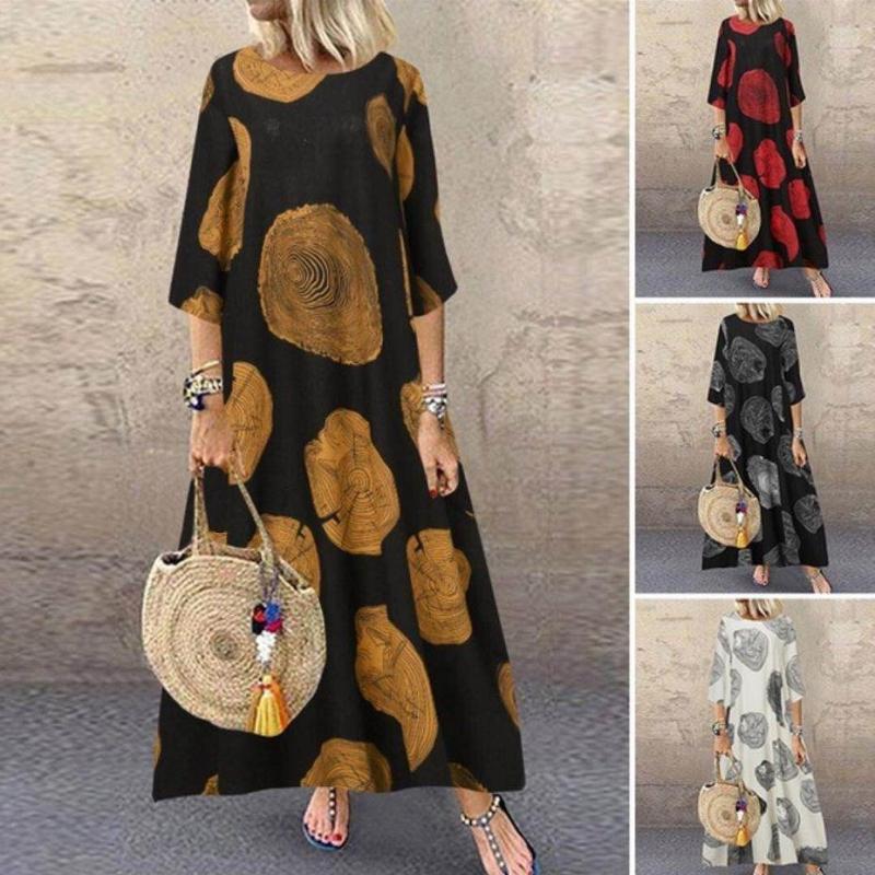 Women Casual Vintage Half Sleeve Round Neck Loose Maxi Dress
