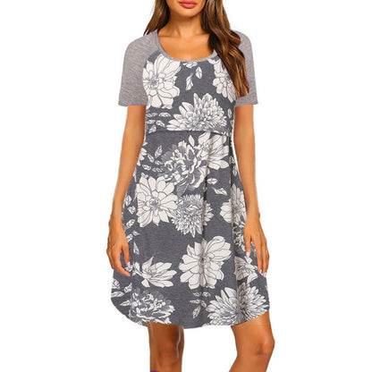 Summer Women Casual Floral Print Round Neck Short Sleeve Maternity Dress