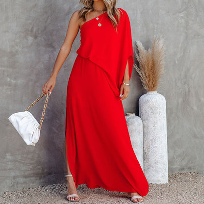 Summer Fashion Women Solid Color Oblique Collar Strapless Temperament Casual Long Dress