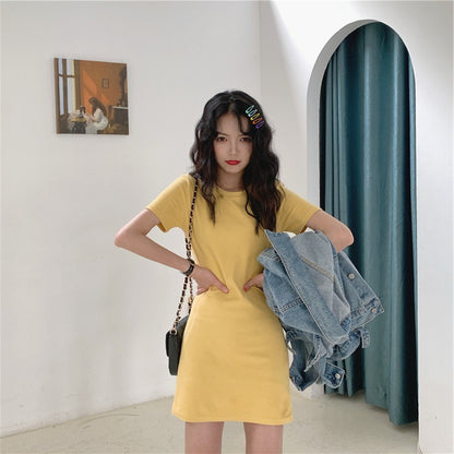 Women Fashion Casual Solid Color Slim-Fit Short Sleeve Dress