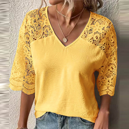 Blusa informal de encaje liso con cuello en V y retazos para mujer