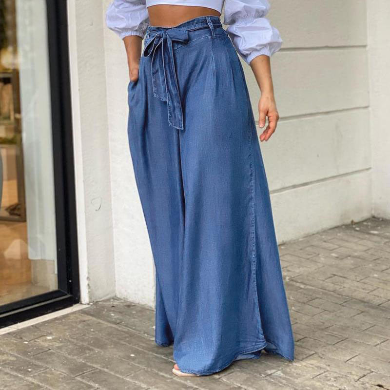 Vaqueros elegantes e informales con cordones, cintura alta, pierna ancha y talla grande para mujer