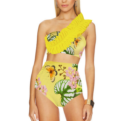Conjunto de 2 piezas de traje de baño para mujer, informal, con estampado floral, top corto de un solo hombro y pantalones cortos ajustados