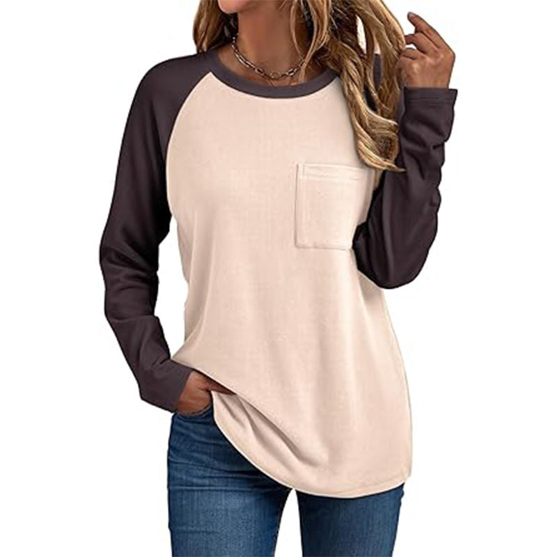 Camiseta informal de manga larga con cuello redondo y bolsillo para mujer