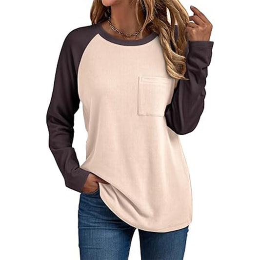Women Casual Patchwork Round-Neck Long Sleeve Pocket T-Shirt