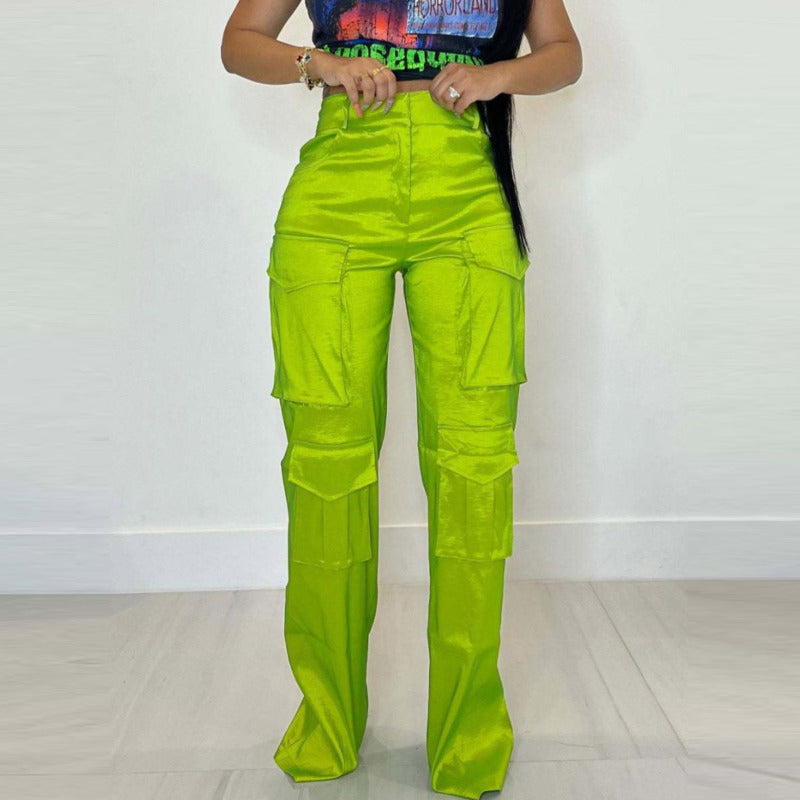 Women Fashion Casual Solid Color Multi-Pocket Cargo Pants