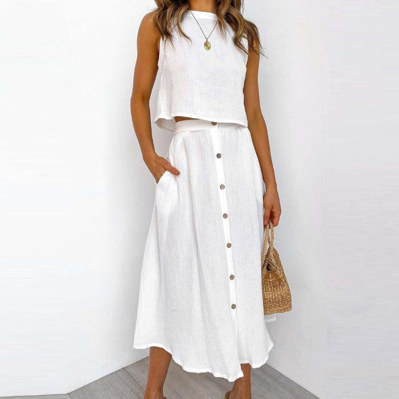 Conjunto de dos piezas de camiseta sin mangas con cuello redondo informal para mujer, largo midi y falda con botones.