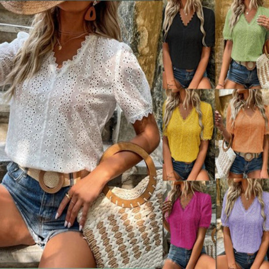 Blusa informal de verano para mujer, color liso, manga corta, hueca