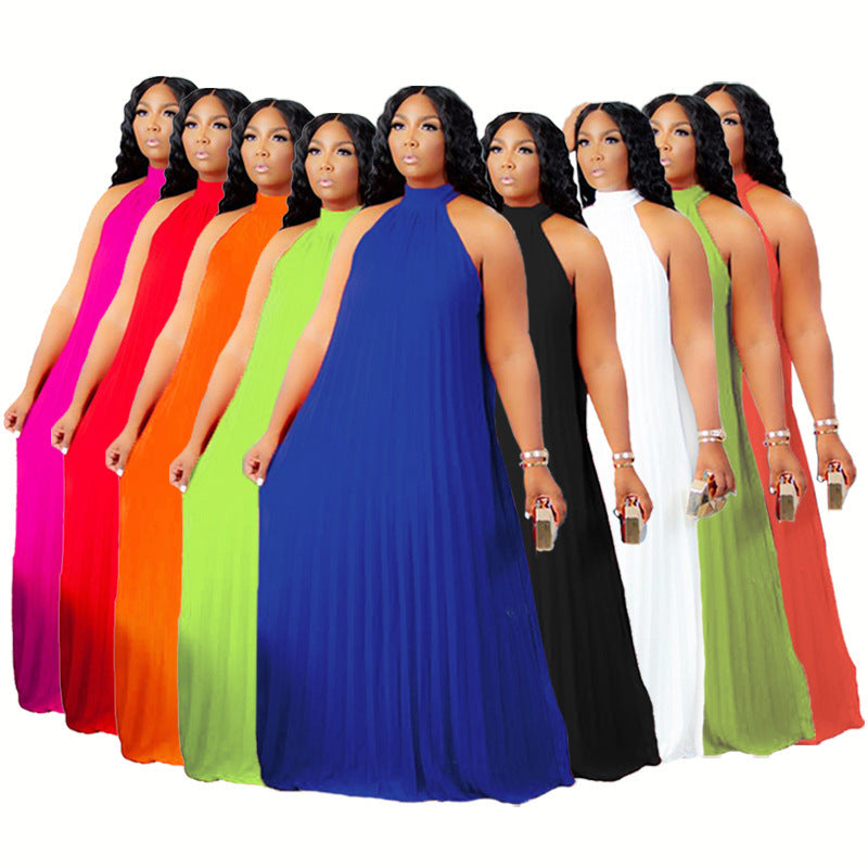 Women Fashion Casual Solid Color Pleated Sleeveless Plus Size Dress
