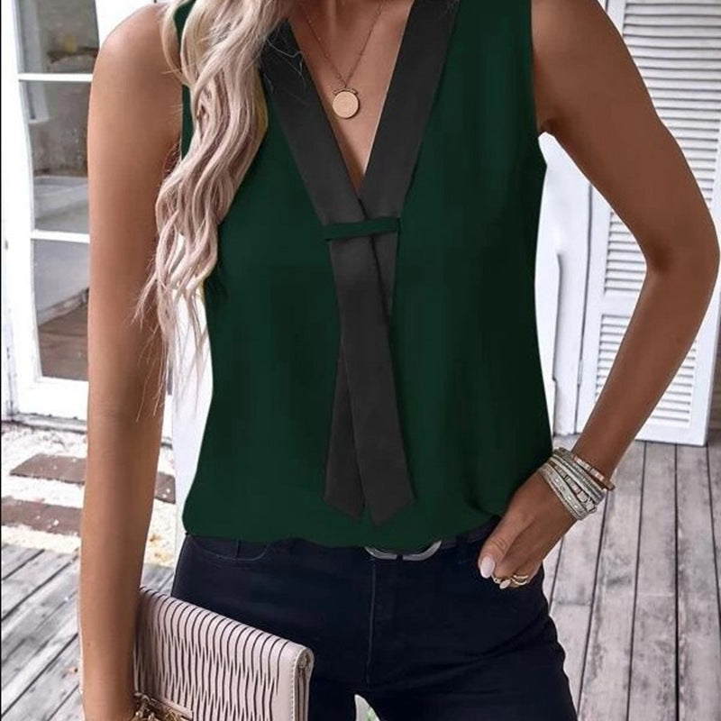 Blusa informal de oficina chic con escote en V y bloques de color para mujer