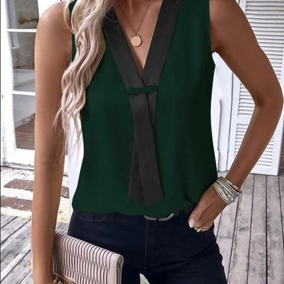 Blusa informal de oficina chic con escote en V y bloques de color para mujer