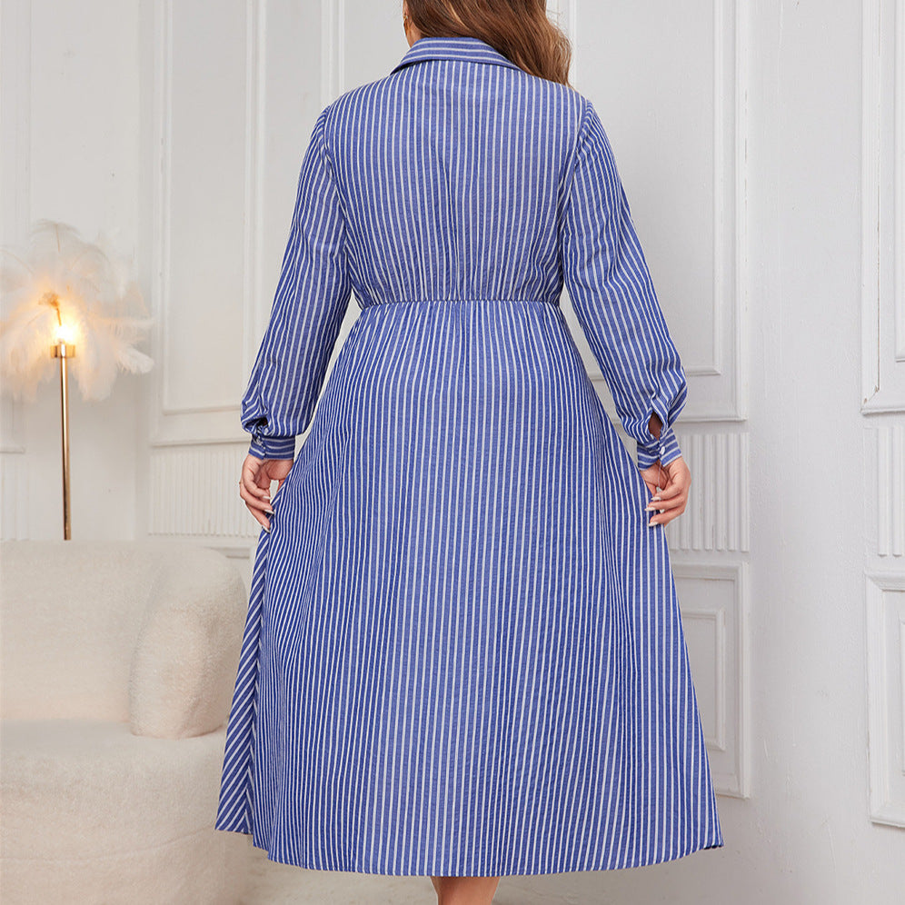 Women Fashion Casual Plus Size Stripe Lace-Up Lap Long Sleeve Shirt Dress