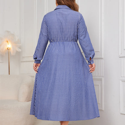 Women Fashion Casual Plus Size Stripe Lace-Up Lap Long Sleeve Shirt Dress