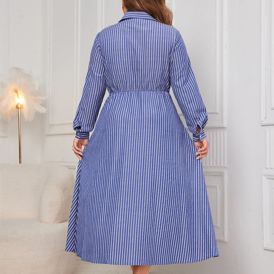 Women Fashion Casual Plus Size Stripe Lace-Up Lap Long Sleeve Shirt Dress